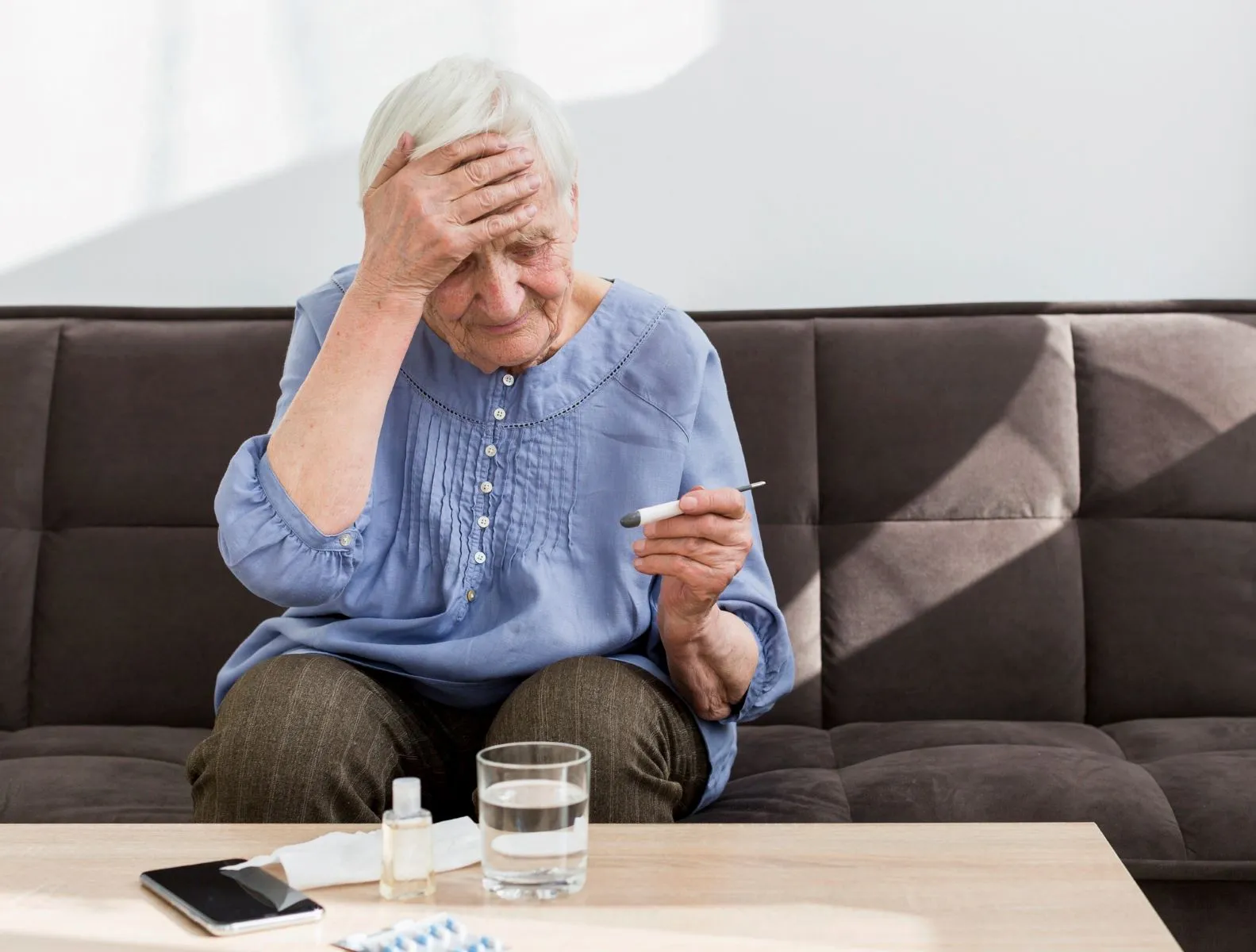 Front view of elder woman concerned with temperature on thermometer