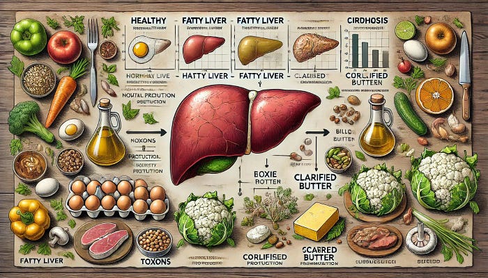 A diagram showcasing the progression of fatty liver disease, highlighting the stages of a healthy liver, fatty liver, and cirrhosis. This includes indicators for toxins, bile production, and cortisol levels.