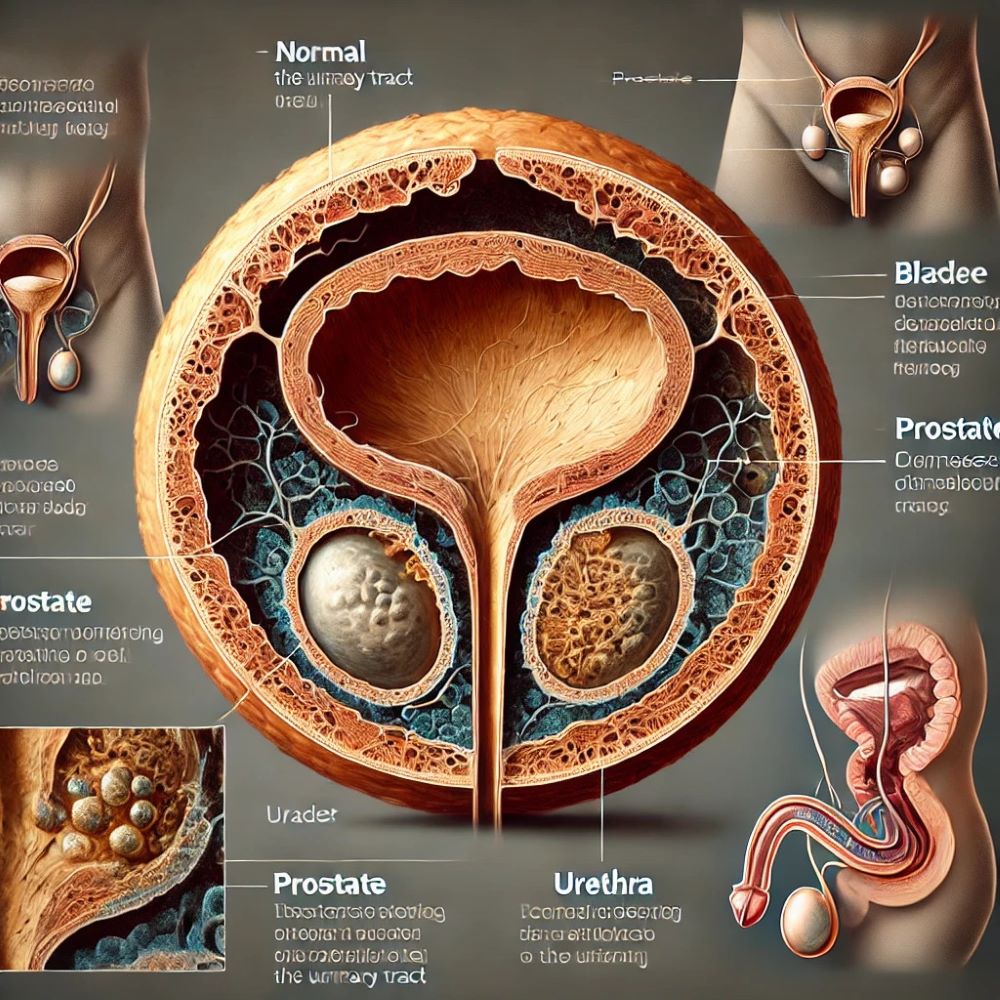 This visualization highlights how the enlargement compresses the urinary tract, which can make urination challenging. Let me know if you'd like any adjustments for added clarity or detail!